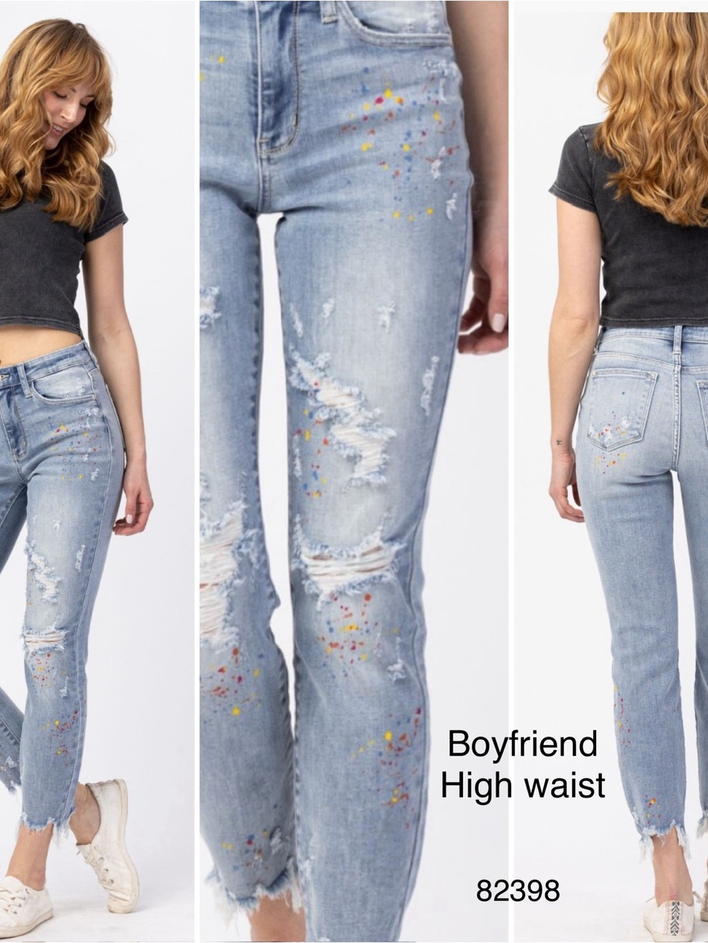 Size 11 Judy Blue Light Blue Boyfriend Jeans with Colorful Paint Splatter